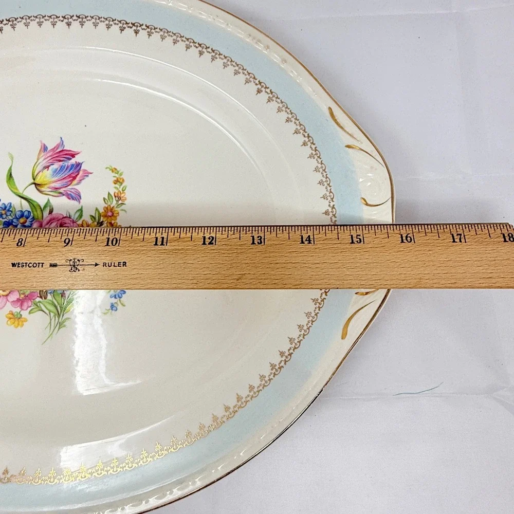 Homer Laughlin Eggshell Georgian Floral Oval Serving Platter Blue Gold Trim 15in